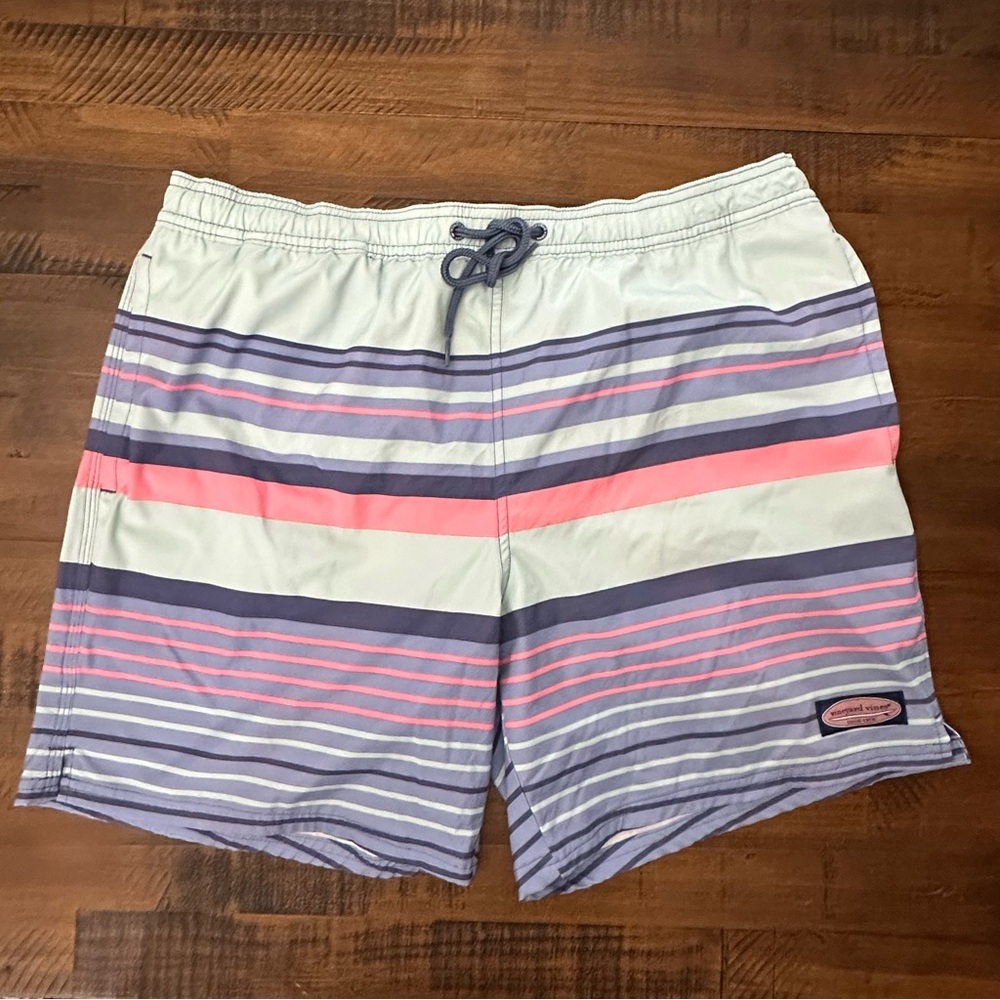 Vineyard Vines Mens Swim Shorts Blue Pink Striped Lined Trunks‎ Large